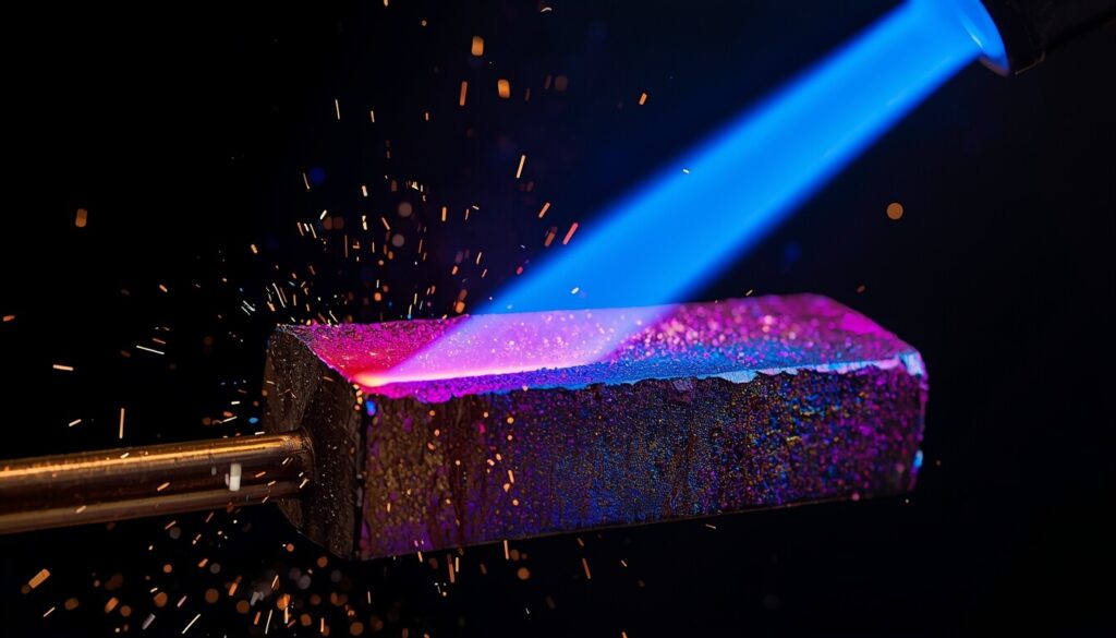 Raw titanium metal glowing red hot and oxidizing under the extreme high heat of an industrial blowtorch.