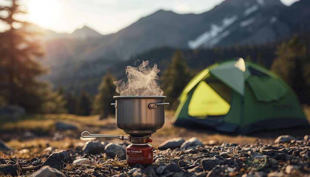 A lightweight pure titanium camping pot boiling water on a small portable stove in a beautiful mountain campsite.