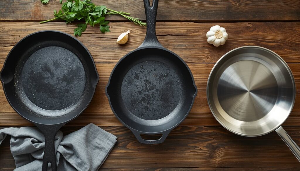 A cast iron skillet, carbon steel pan, and stainless clad pan arranged on a table as superior alternatives to titanium cookware.