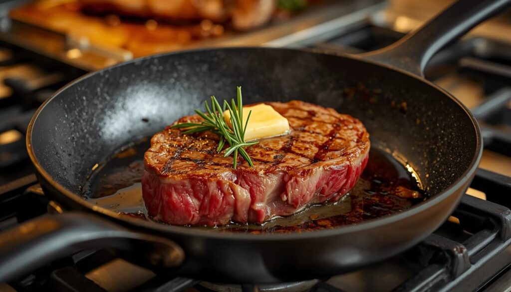 A perfectly seared steak cooking evenly in a heavy carbon steel skillet, demonstrating the browning performance that titanium lacks.