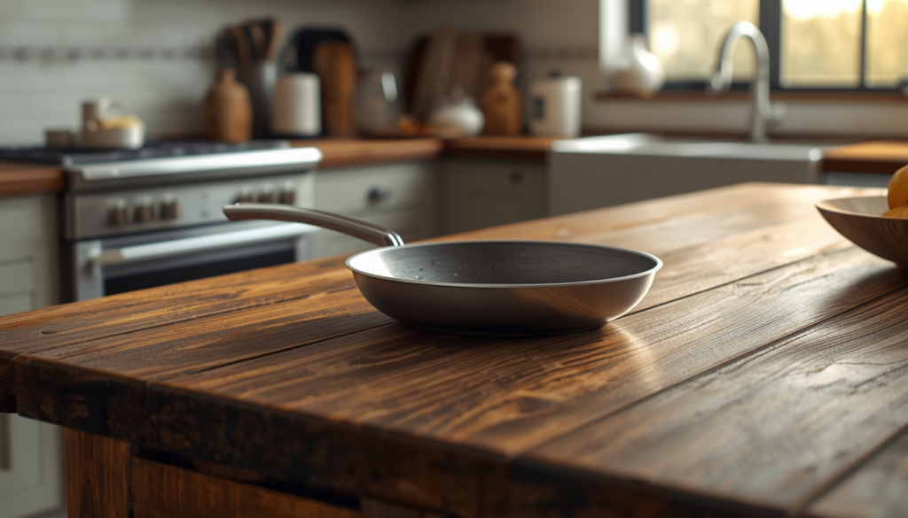 On a rustic wooden kitchen island sits a sleek, metallic frying pan. Floating perfectly above the pan