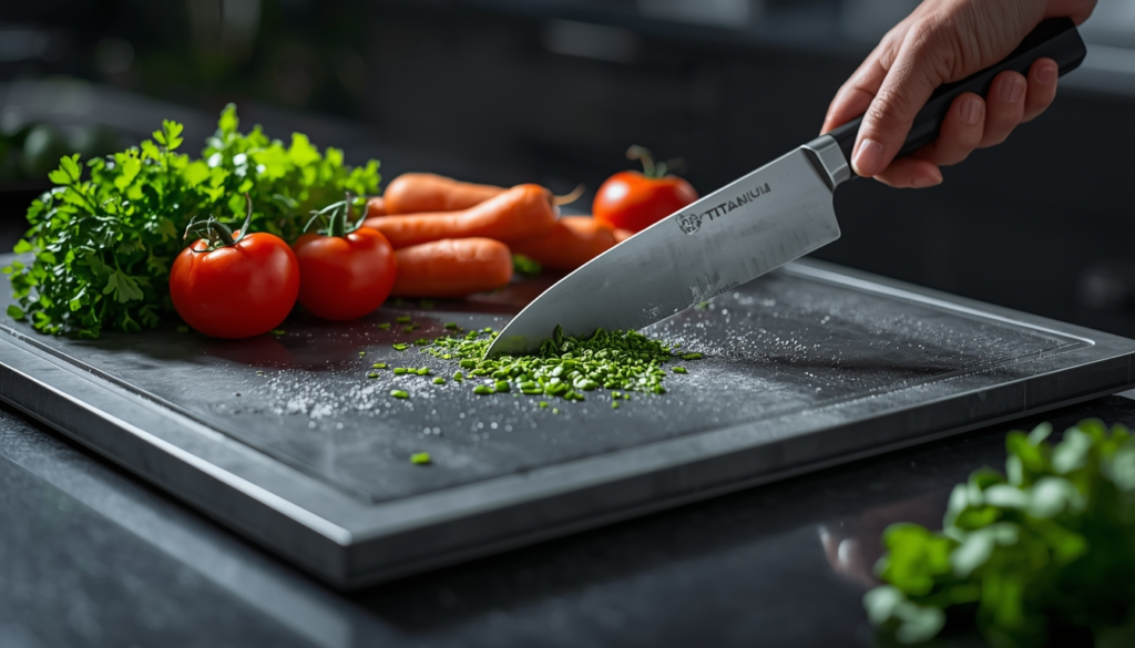 Titanium cutting board in modern kitchen with bold title text about whether titanium cutting boards are good