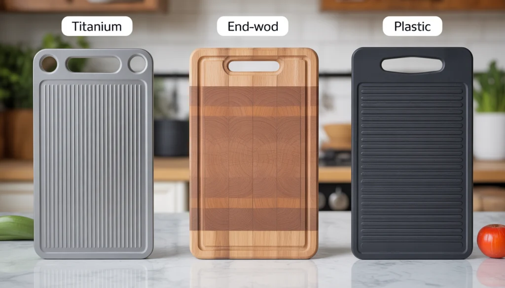 Comparison of titanium wood and plastic cutting boards side by side