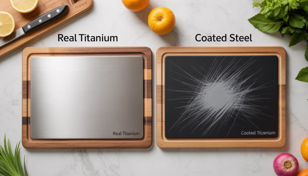 Real titanium cutting board compared to coated steel fake version