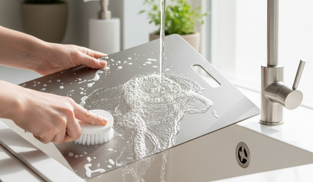 Cleaning a titanium cutting board with soap and water in kitchen sink