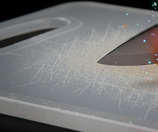 Plastic cutting board releasing microplastics while chopping 