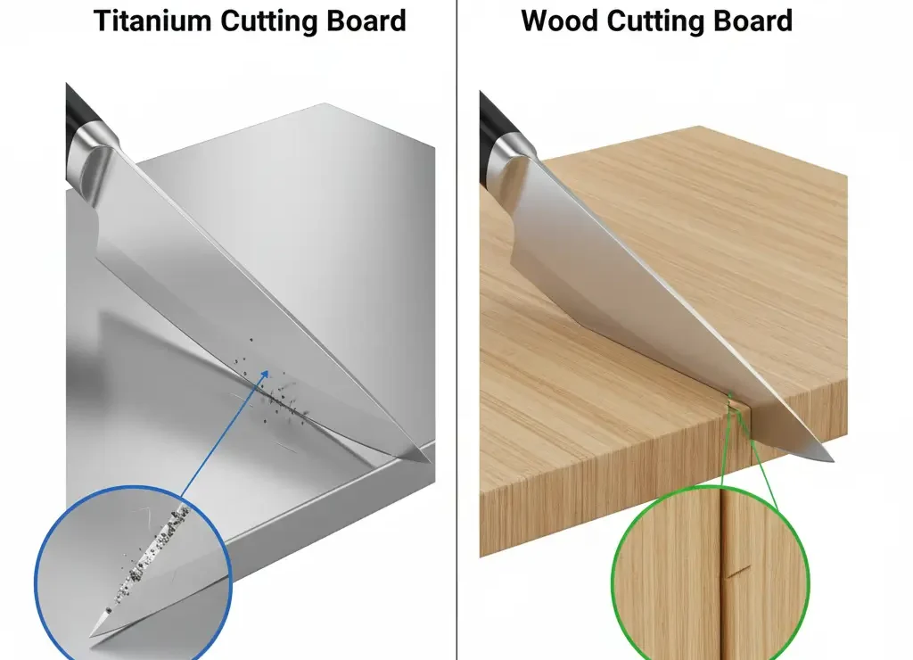 Knife edge wear comparison between titanium and wood cutting boards