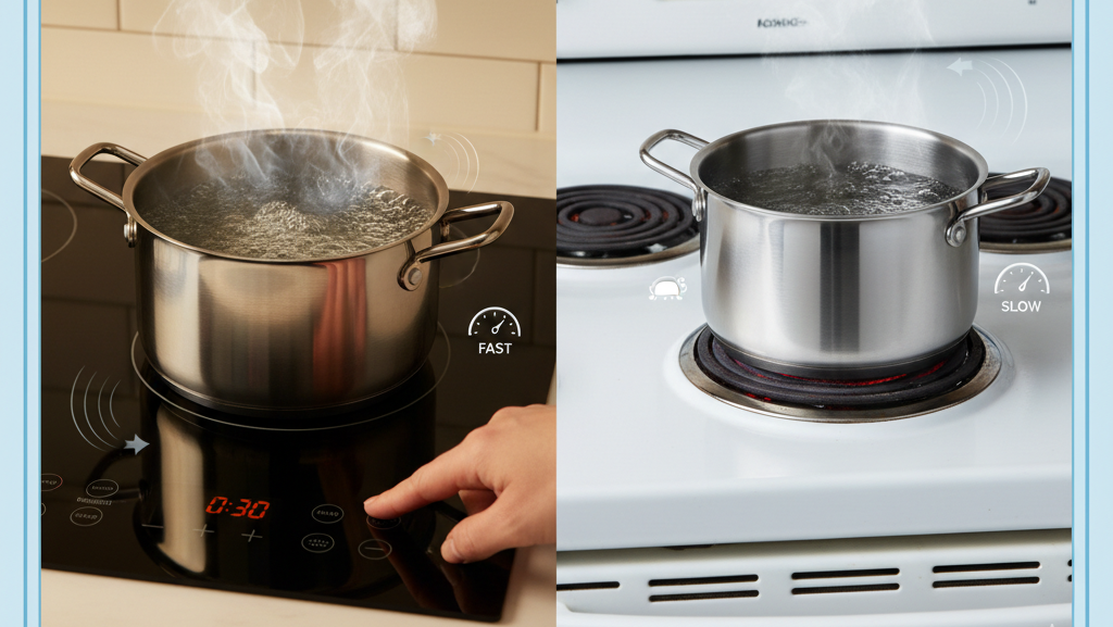Induction cooktop vs electric stove boiling speed comparison showing faster cooking performance
