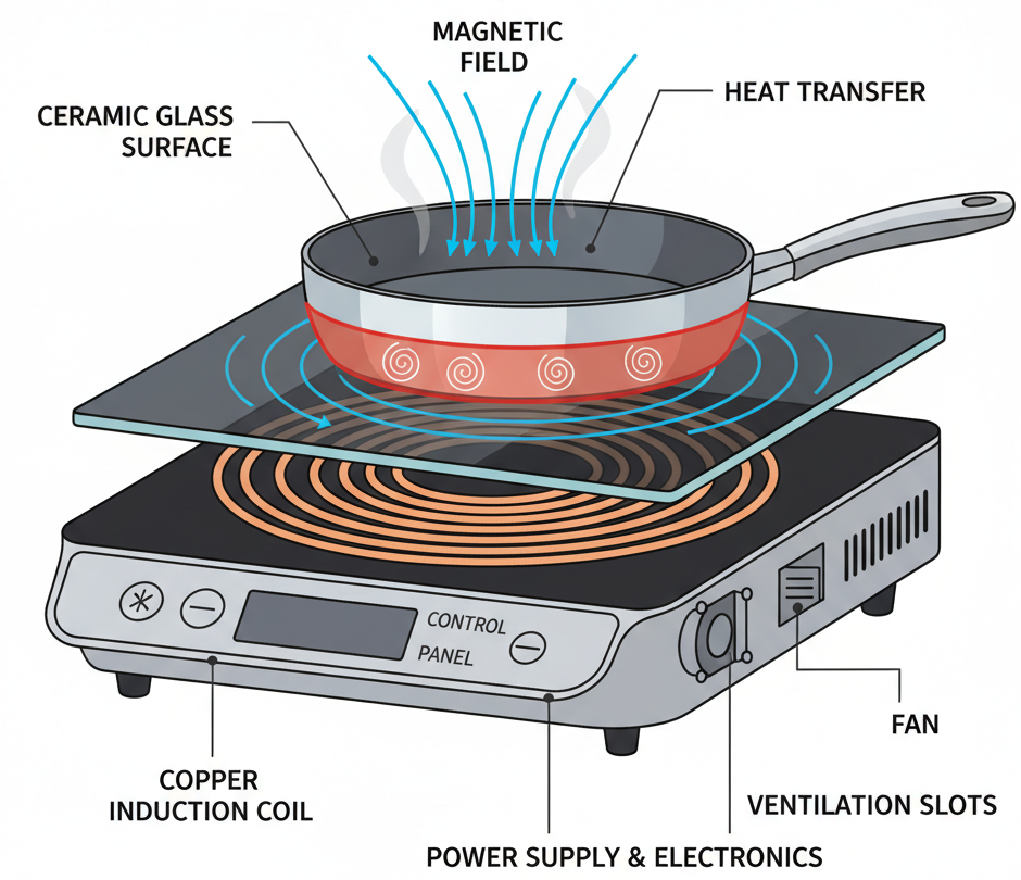 Diagram showing how a portable induction cooktop works with electromagnetic heating and magnetic cookware