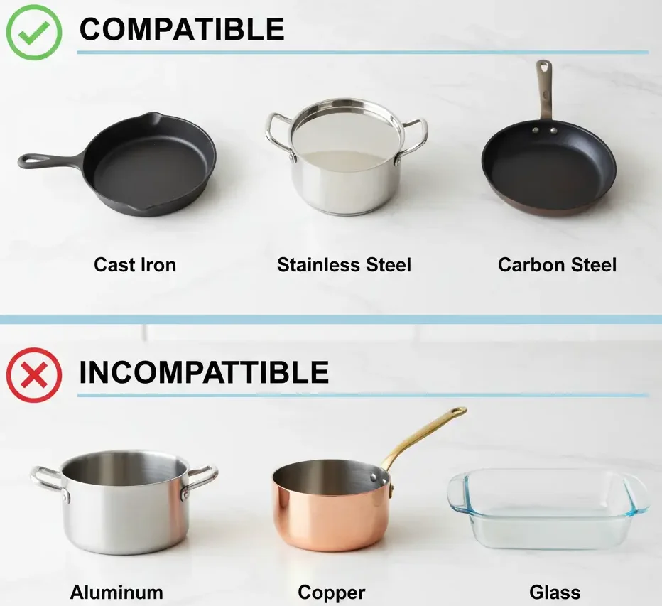 Induction compatible vs incompatible cookware types including stainless steel cast iron and aluminum comparison
