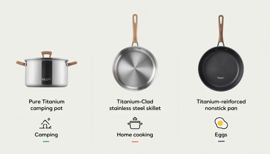 Types of titanium cookware categorized into pure titanium, clad stainless steel, and nonstick