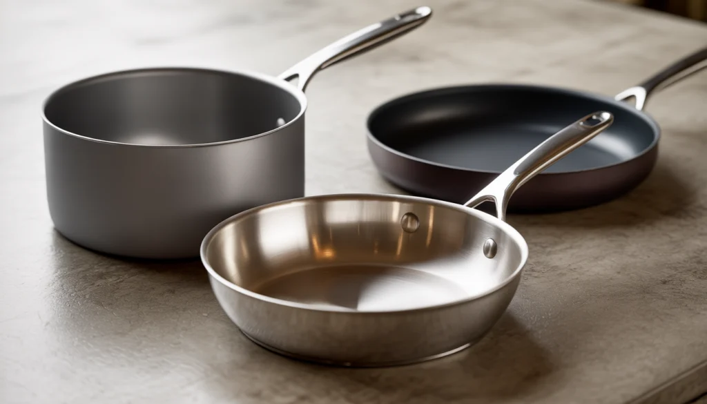 Different types of titanium cookware including pure titanium, clad stainless steel, and nonstick