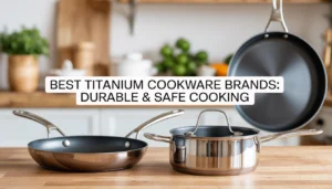 a shiny titanium-clad stainless steel pan, a lightweight camping titanium pot, and a nonstick frying pan.