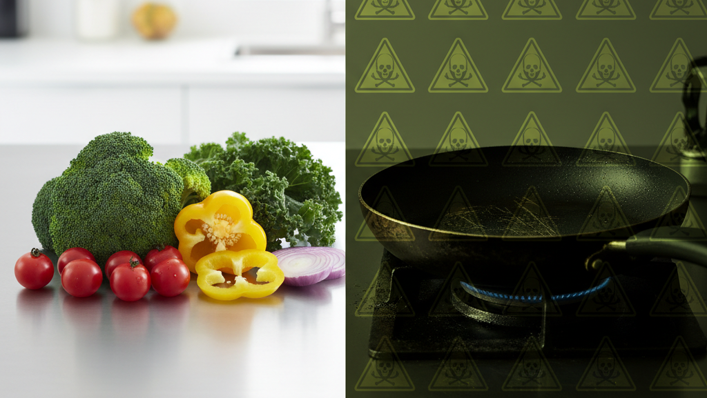 Titanium cookware safety comparison showing non-toxic surface vs chemical-coated nonstick pans