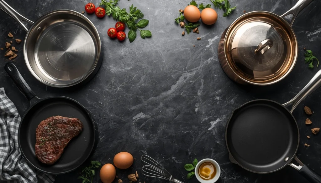 Professional cookware materials including stainless steel carbon steel copper and cast iron pans