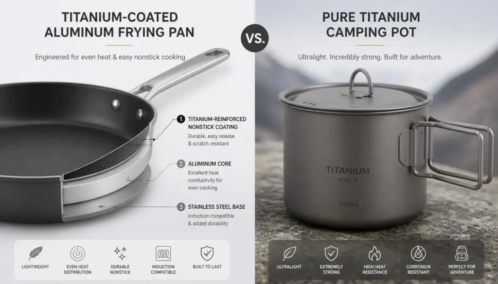 Titanium coated cookware compared to pure titanium pan construction