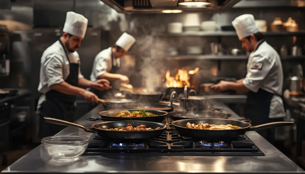 Professional chef cooking with stainless steel and carbon steel pans instead of titanium cookware