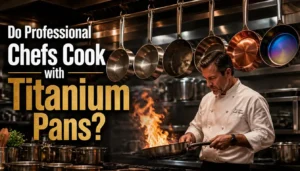 kitchen scene with multiple cookware types hanging above a restaurant line, including stainless steel pans, carbon steel pans, copper pans, and one titanium-coated pan. A chef in a white coat is holding a stainless steel skillet while flames rise from a commercial stove.