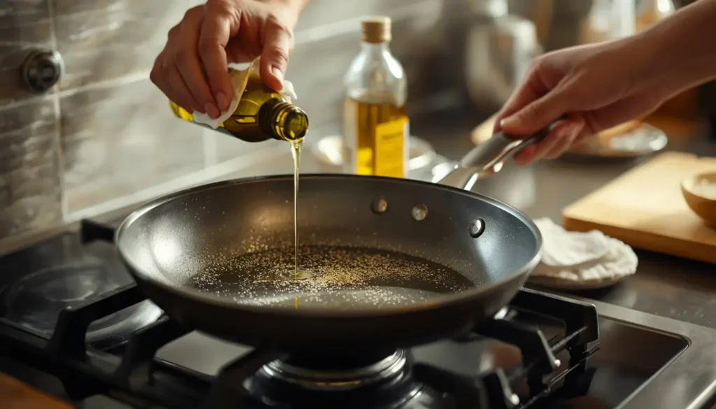 Seasoning a titanium frying pan with oil before first use