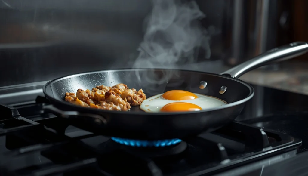 Food sticking to a titanium pan while cooking eggs in a modern kitchen