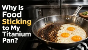 kitchen scene with a titanium frying pan on a stovetop, food sticking badly to one side while another section of the pan cooks perfectly golden eggs. Steam rising naturally, dramatic kitchen lighting, professional food photography style, ultra detailed, high realism, stainless steel kitchen background, bold headline text in large modern typography reading: “Why Is Food Sticking to My Titanium Pan?”