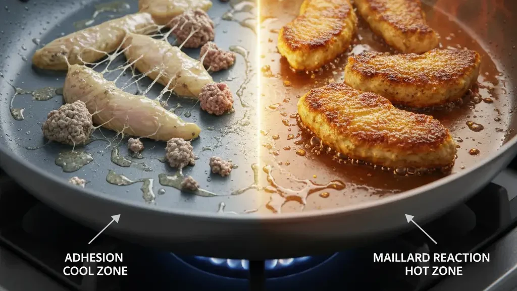 Close-up showing why food sticks to a titanium frying pan surface