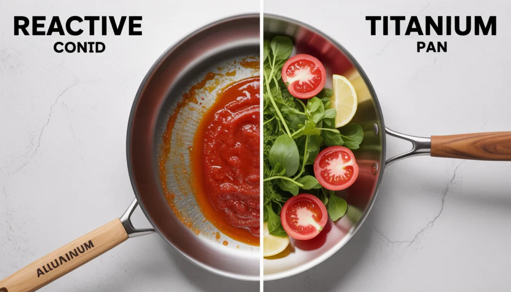Comparison of reactive cookware vs non-reactive titanium cookware safety