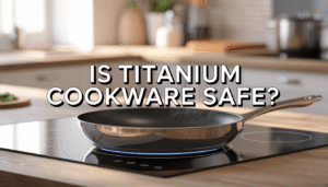 titanium frying pan on an induction cooktop, soft natural lighting, clean minimalist countertop, subtle steam rising from food