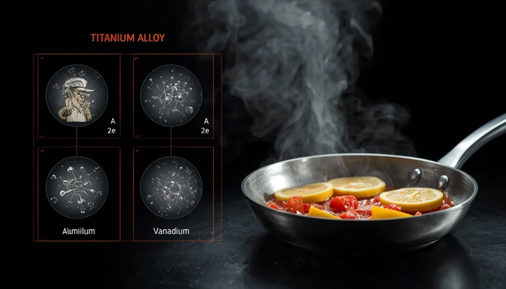 Grade 5 titanium cookware illustration showing alloy metals aluminum and vanadium in cooking applications