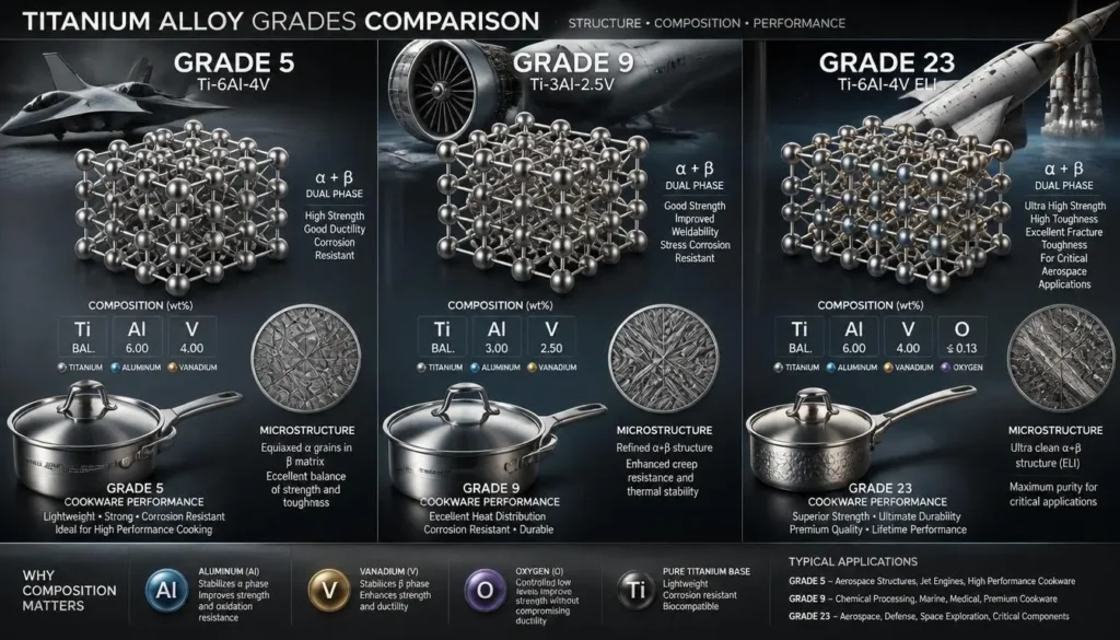 Commercially pure titanium cookware comparison showing Grade 1 Grade 2 Grade 3 and Grade 4 titanium