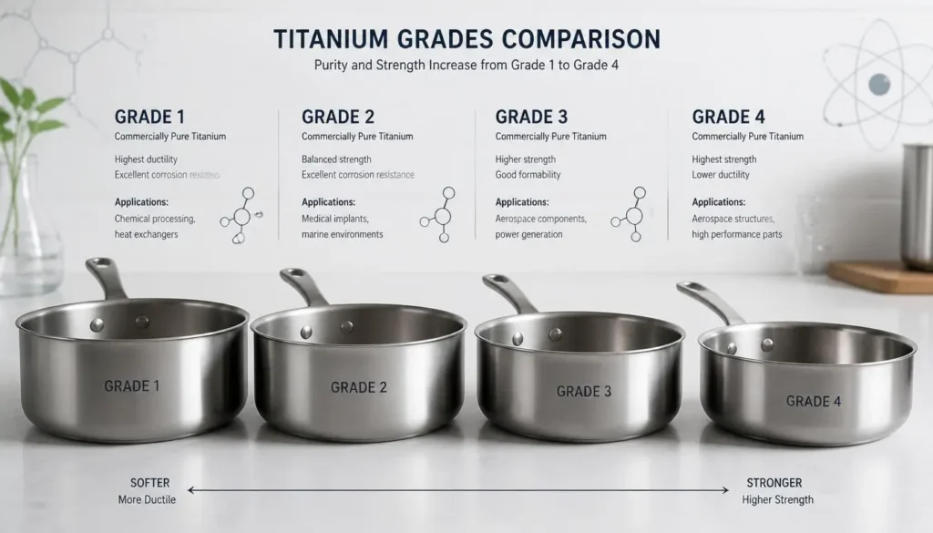 Grade 1 and Grade 2 commercially pure titanium cookware in a modern kitchen setting