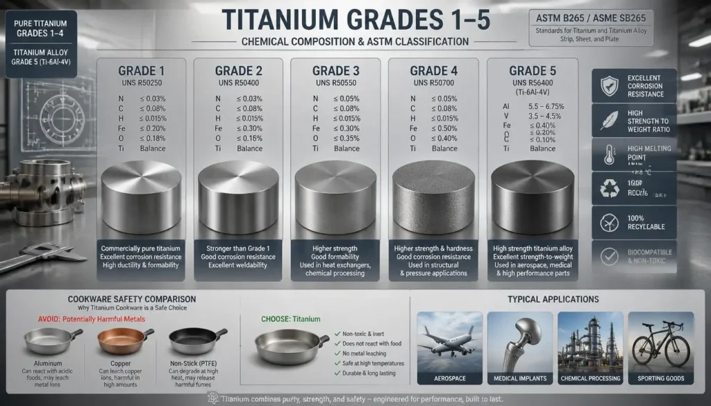 Titanium grade classification chart showing differences between commercially pure titanium and titanium alloys