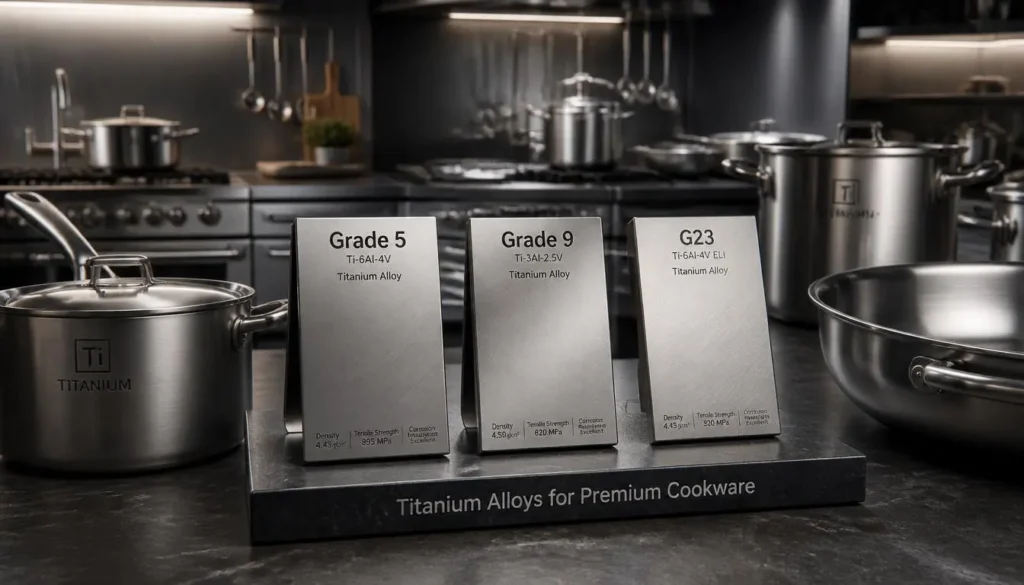 Titanium grades explained feature image comparing Grade 5 Grade 9 and G23 titanium cookware materials