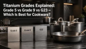 three titanium metal samples labeled Grade 5, Grade 9, and G23 on a dark stone countertop beside premium cookware, dramatic studio lighting, brushed titanium textures, scientific and industrial aesthetic, cookware comparison concept, cinematic depth of field, sleek stainless kitchen background, highly detailed metallic reflections, professional editorial style. Include large bold title text: “Titanium Grades Explained: Grade 5 vs Grade 9 vs G23 – Which Is Best for Cookware?”
