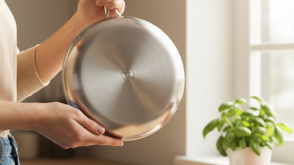 Home cook inspecting stainless steel pan grade markings to choose the safest cookware material