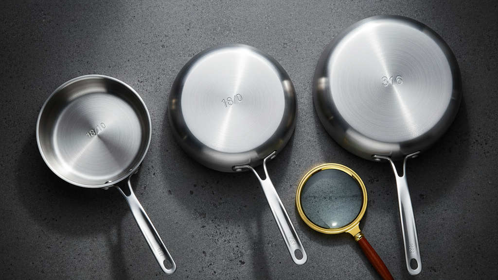 Stainless steel cookware grades 18/10, 18/0, and 316 showing least toxic options for safe cooking