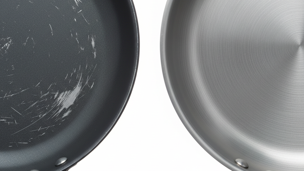 Scratched titanium-coated non-stick pan vs bare stainless steel pan showing cookware safety comparison