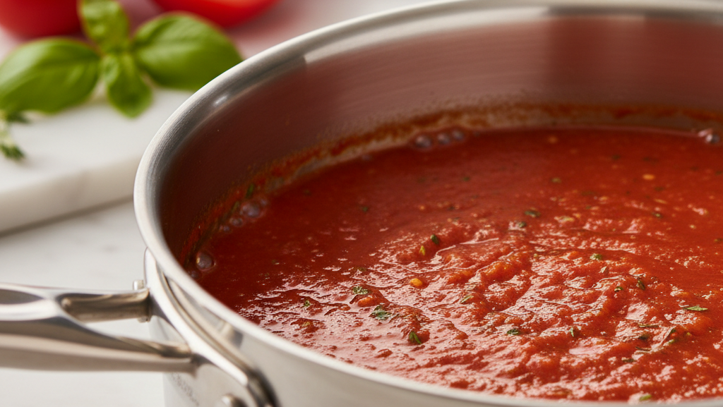 Tomato sauce simmering in stainless steel pan showing metal leaching concern in acidic cooking
