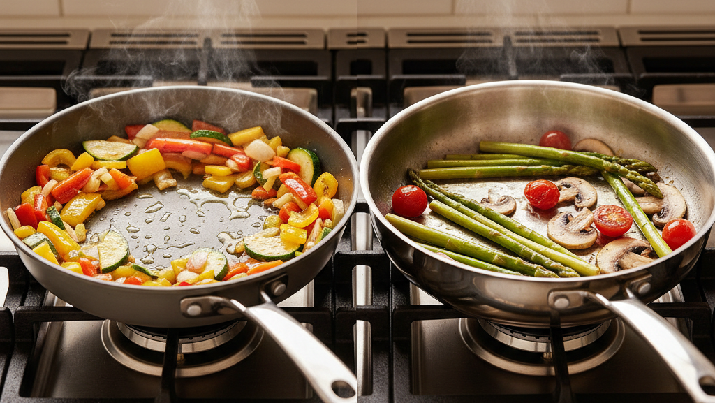Titanium pan vs stainless steel pan side by side cooking on a gas stovetop