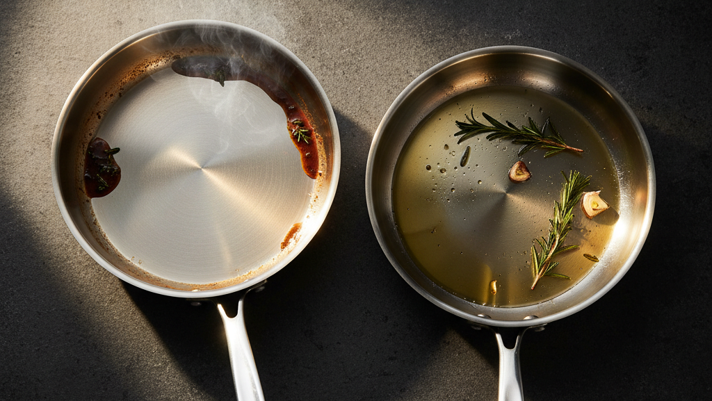 titanium pan and a polished stainless steel pan side by side on a dark slate countertop.