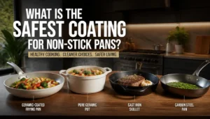 kitchen scene showing several types of cookware side-by-side on a wooden countertop: a ceramic-coated frying pan, a pure ceramic pot, a cast iron skillet, and a carbon steel pan. Clean healthy cooking aesthetic with warm natural lighting, modern luxury kitchen background, steam rising from fresh vegetables, visually emphasizing safe non-toxic cookware choices. Include large bold headline text in the image: “WHAT IS THE SAFEST COATING FOR NON-STICK PANS?”
