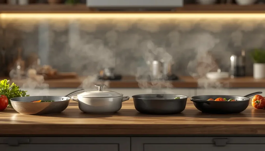 kitchen scene showing several types of cookware side-by-side on a wooden countertop: a ceramic-coated frying pan, a pure ceramic pot, a cast iron skillet, and a carbon steel pan.