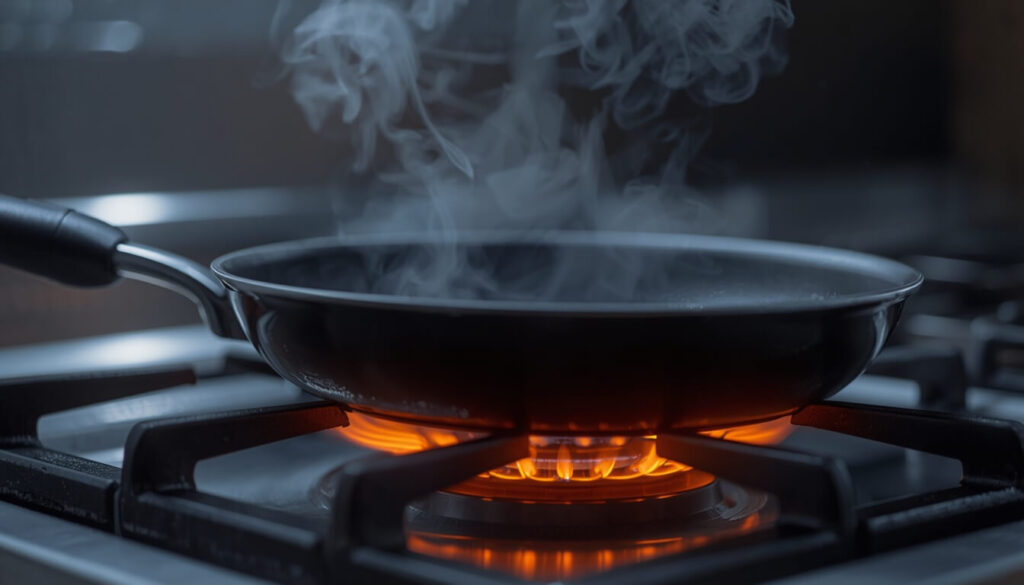 Overheated non-stick pan releasing harmful fumes on a stovetop