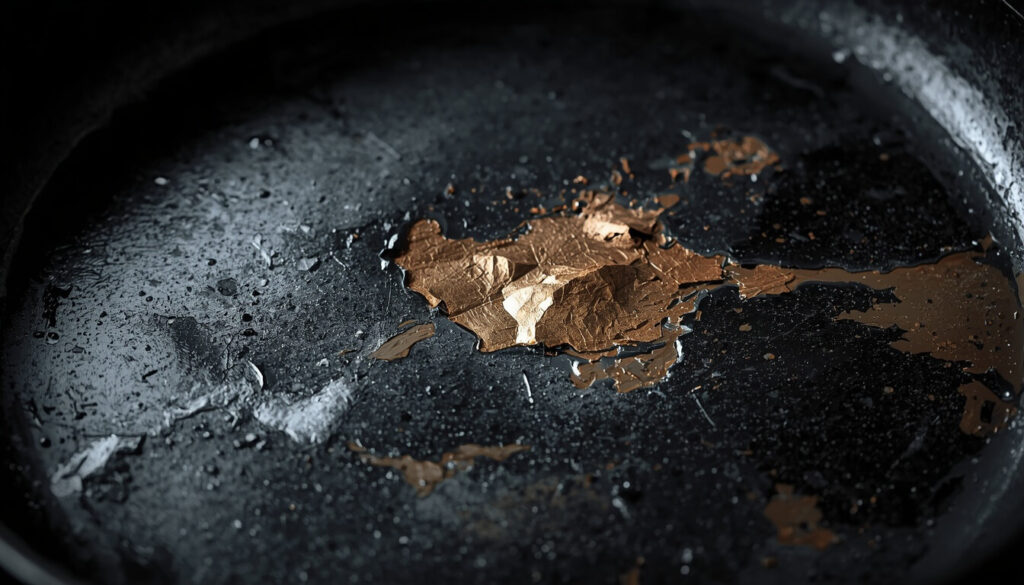 Scratched non-stick pan with peeling coating and cooking damage