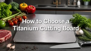 kitchen featuring a premium titanium cutting board on a luxury countertop. Fresh vegetables, raw steak, chef's knife, and herbs arranged neatly around the board.