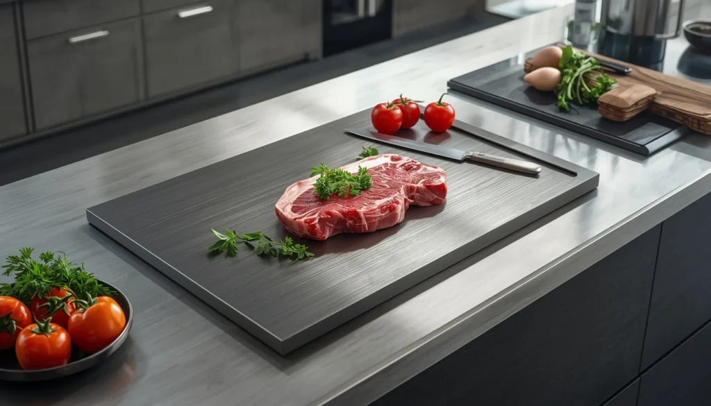 Titanium cutting board buying guide showing premium titanium board in a modern kitchen