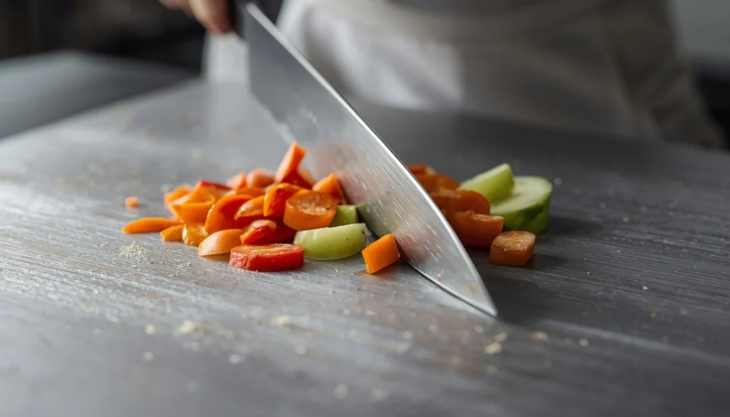 Chef knife cutting on textured titanium cutting board surface