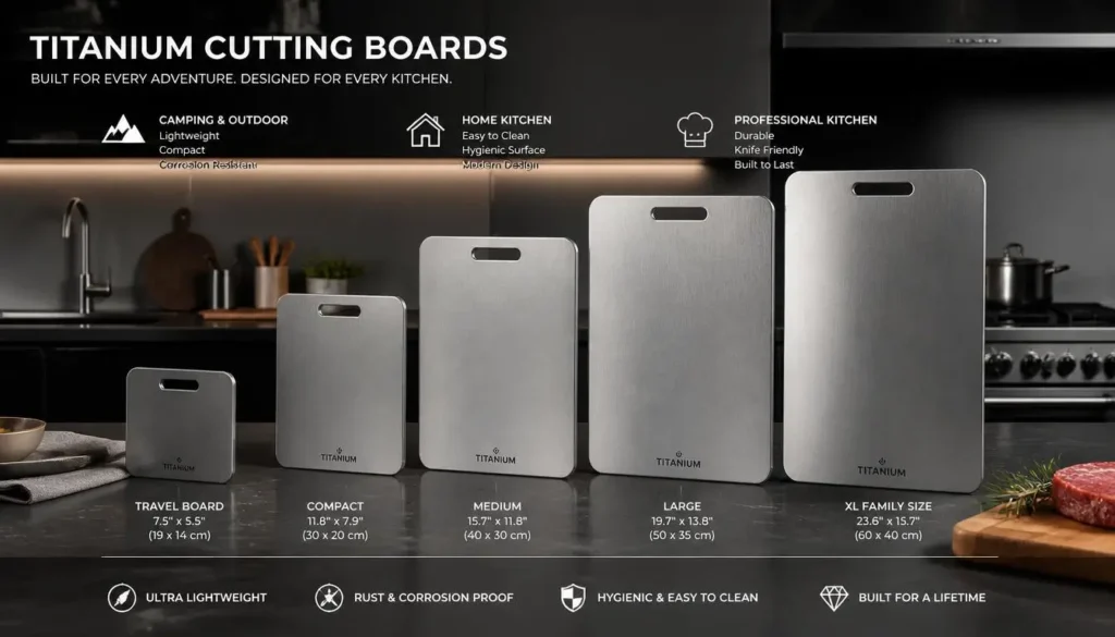 Different sizes of titanium cutting boards for home cooking travel and professional kitchens