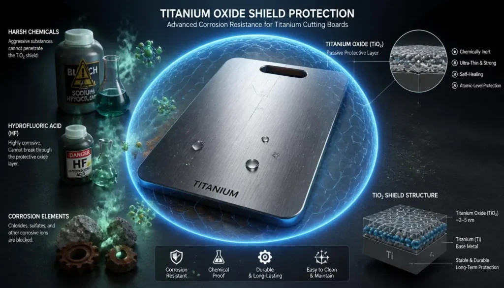 Titanium cutting board corrosion resistance and protection from harsh chemicals