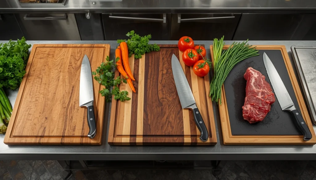 Wood and rubber cutting boards commonly used by professional chefs